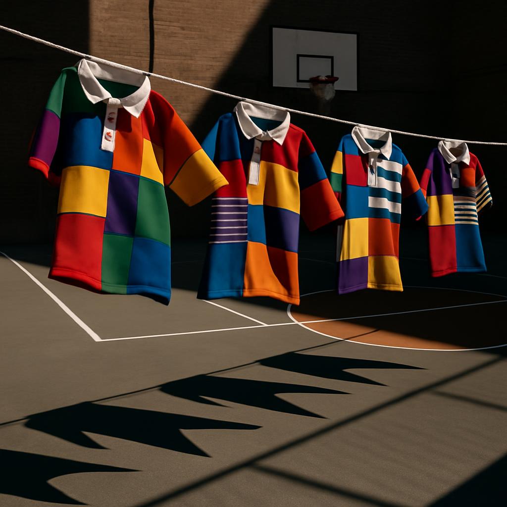 Four vibrant rugby shirts hanging from a clothesline, suspended over a basketball court; the shirts display patchwork desi...