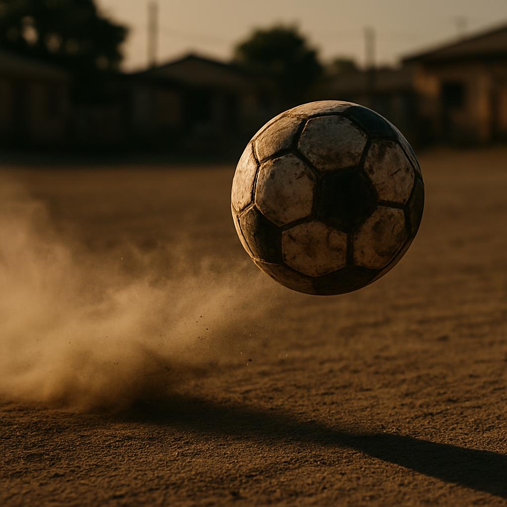 A dirty soccer ball flying through the air, suspended above a brown field with dust kicked up beneath it and houses in the...