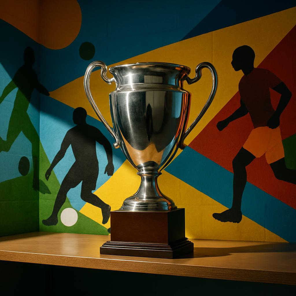 A silver trophy on a wooden table, with a sports-themed background featuring runners and footballers against a dark blue, ...