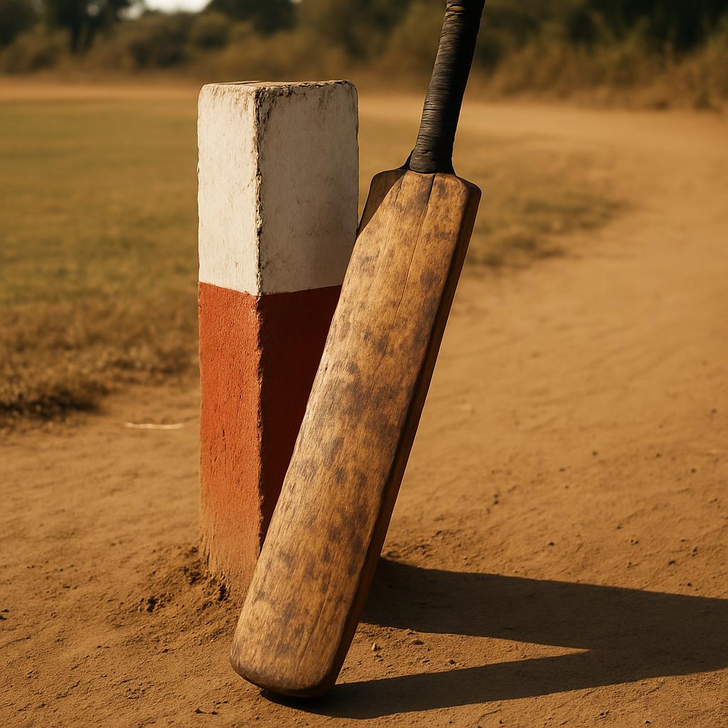 The image depicts a cricket bat and a wicket gate on a dirt field.